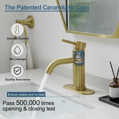 Miniatura 3 de GENBONS Grifos de Baño Dorados, Grifo de Lavabo Moderno de Una Sola Manija Dorado Cepillado de 1 Agujero con Placa de Cubierta de 3 Agujeros, Grifo