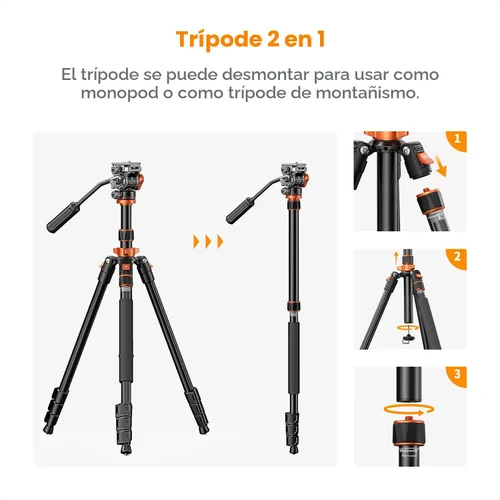 Miniatura 6 de K&F CONCEPT Trípode de video de cámara de 83 pulgadas para DSLR, trípode de aluminio compacto con cabezal fluido panorámico de 360° para viajes