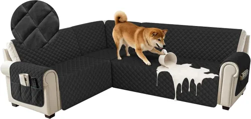 Miniatura 23 de Fundas impermeables para sofá seccional de esquina en forma de L, de terciopelo, juego de 6 piezas, funda en forma de U para sofá, para perros