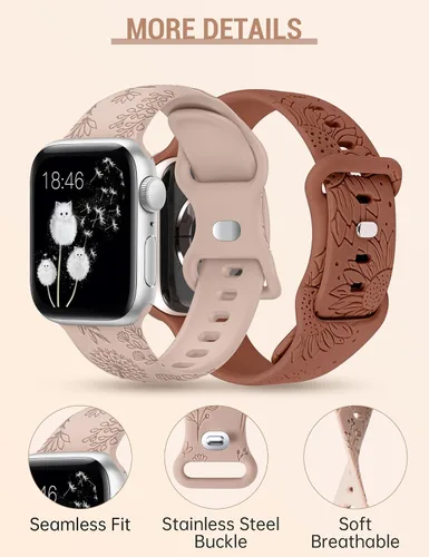 Miniatura 4 de Minyee Paquete de 2 correas grabadas florales compatibles con Apple Watch Band de 38/40/41/42/44/45/46/1.929 in para mujer, bonita correa