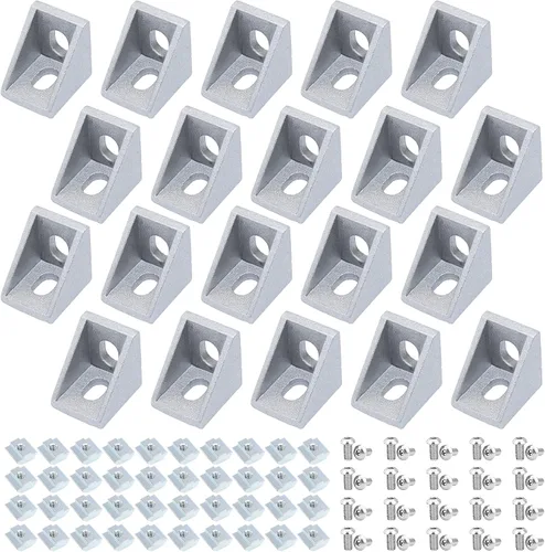 Miniatura 10 de Juego de 20 conectores de perfil de extrusión de aluminio de la serie 2020, 20 soportes de esquina, con 40 tuercas en T y tornillo hexagonal M5×8