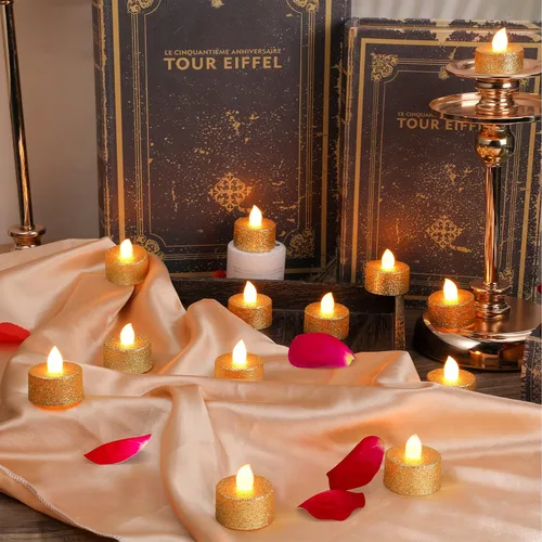 Miniatura 3 de Mudder 24 Piezas Velas de Té Doradas LED Velas Tealights Sin Llama Votivas Operadas con Batería Velas de Té Eléctricas con Purpurina Tealight