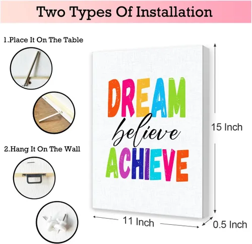 Miniatura 2 de JANLAN Dream Believe Achieve Wall Decor,Inspirational Positive Quotes Canvas Wall Art for Kids Room Classroom Nursery Playroom 11x15 Inch