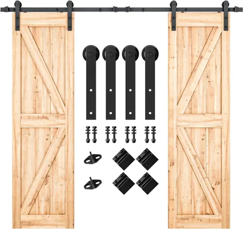 Miniatura 8 de SMARTSTANDARD Kit de herrajes para puerta corrediza de granero de doble puerta resistente de 5 pies, suave y silencioso, fácil de instalar, incluye