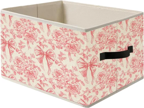 Miniatura 14 de Caja de almacenamiento de lazo floral azul y blanco con asas, cesta organizadora plegable de flores de estilo francés Toile de Jouy, caja