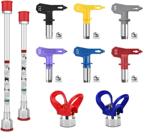 Juego de 10 accesorios de pistola pulverizadora de pintura sin aire equipado con 2 varillas de extensión, 6 puntas de pulverización y 2 asientos de