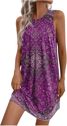 Mexican Dress for Women Traditional Fiesta Plus Size Sleeveless Boho Dress Floral Print Bohemian Flowy Mini Dress