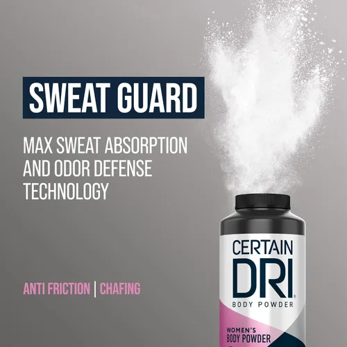 Miniatura 4 de Certain Dri Polvo corporal para mujer, sin talco, control de sudor de triple acción, olor y humedad, fórmula de calamina antirozaduras, recomendada