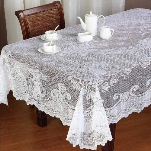 Christmas White Lace Rectangular Tablecloth with Angel for Parties, Weddings, Baby Showers, Dining Tables, 60 x 84 Inches