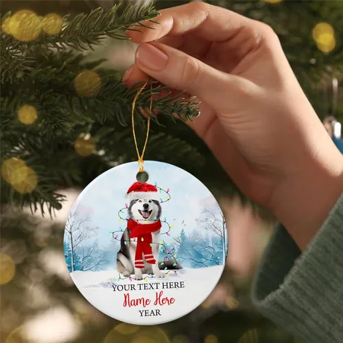 Miniatura 3 de Adorno de cerámica de Alaska Malamute de Feliz Navidad, decoración personalizada de Papá Noel, perro de Alaska Malamute nombre de perro, decoración