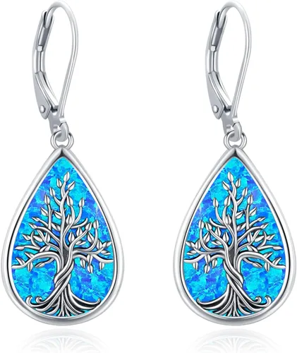 Miniatura 285 de Aretes colgantes de plata de ley con diseño de árbol de la vida, flor, abeja, animales, gato, colibrí, piedra lunar, turquesa, aretes con cierre