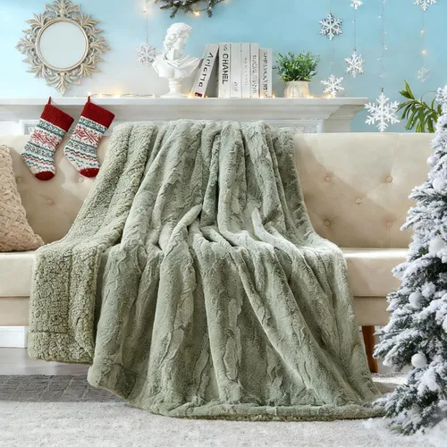 Miniatura 8 de COZYART Manta Sherpa de piel sintética esponjosa sin pelusa para sofá, color verde salvia, 50 x 60 pulgadas, forro polar sherpa, reversible, suave