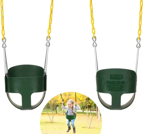 Miniatura 2 de Asiento de columpio con respaldo alto para niños pequeños con cadenas revestidas de plástico resistente de 66 pulgadas, totalmente montado para Verde