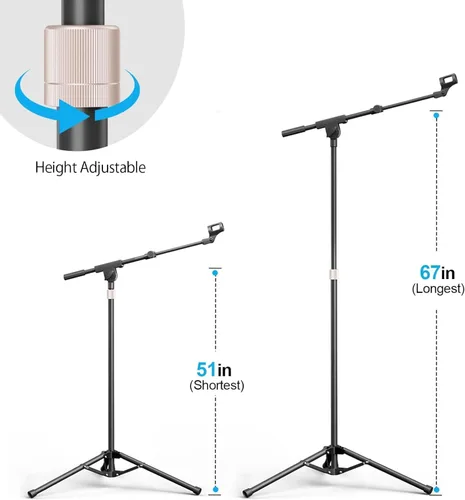 Miniatura 3 de Soporte de micrófono con brazo de brazo, trípode resistente, soporte de suelo ajustable con bolsa de transporte y 2 clips de micrófono para cantar