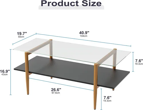 Miniatura 2 de Furnify Mesa de centro de cristal, mesa central rectangular para sala de estar con patas doradas, mesas decorativas modernas de mediados de siglo