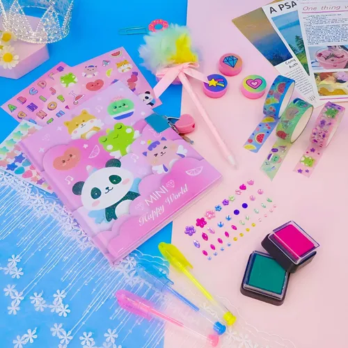 Miniatura 7 de Diario de animales para niñas con cerradura, juego de papelería de animales con diario secreto, sellos, bolígrafos, cuaderno de diario, regalo