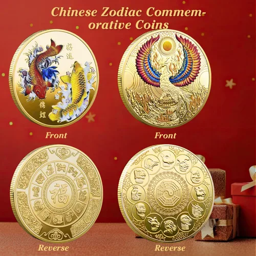 Miniatura 6 de 5 piezas de monedas de la suerte chinas de dragón chino y fénix monedas del zodiaco de bestias milíticas antiguas para oficina, colección