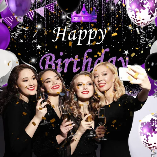 Miniatura 3 de Decoraciones de fiesta moradas y negras para mujeres, decoraciones de cumpleaños moradas para niñas y hombres con mantel de fondo de feliz