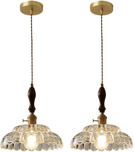Miniatura 6 de Luces colgantes de nogal de granja, estilo nórdico retro de 7.8 pulgadas, lámpara colgante colgante con pantalla de vidrio transparente con acabado