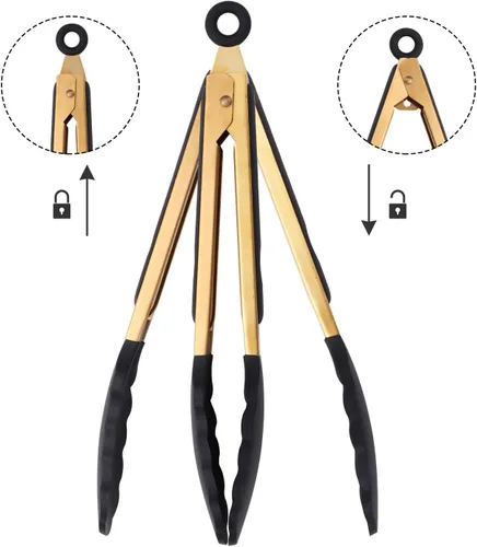 Miniatura 2 de Pinzas doradas clásicas de acero inoxidable para servir comida y fiesta, pinzas de cocina de 9 y 12 pulgadas con puntas de silicona sin BPA