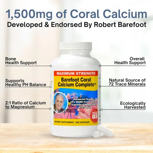 Miniatura 4 de 240 cápsulas de calcio coral de 1500 mg - Salud ósea - 72 minerales traza, calcio, magnesio y vitamina D3 - Desarrollado por Bob Barefoot