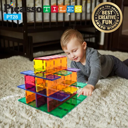 Miniatura 2 de PicassoTiles Juego combinado de 28 azulejos magnéticos + ladrillo magnético y azulejos, 12 x 9 pulgadas, 12 x 3 pulgadas, base grande de 9 x 3