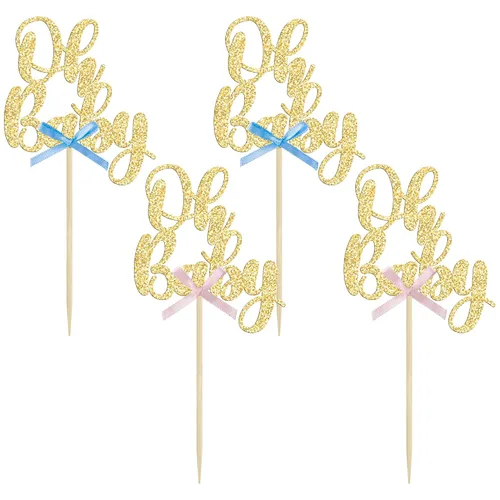 Miniatura 3 de Gyufise 36 piezas Adornos para cupcakes Oh Baby con moño azul y rosa, brillante dorado, adornos para cupcakes de baby shower, adornos para cupcakes