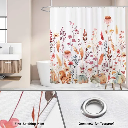 Miniatura 4 de Funnytree Cortina de ducha de 72 x 72 pulgadas con diseño de flores de otoño rústicas, hojas bohemias, acuarela floral, para decoración de baño