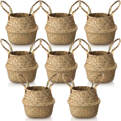 Miniatura 7 de Qunclay 4 Cestas Tejidas de Hierba Marina Belly Basket Plegable Boho Natural Maceta con Asas Redonda Decorativa de Mimbre Grande para Interiores
