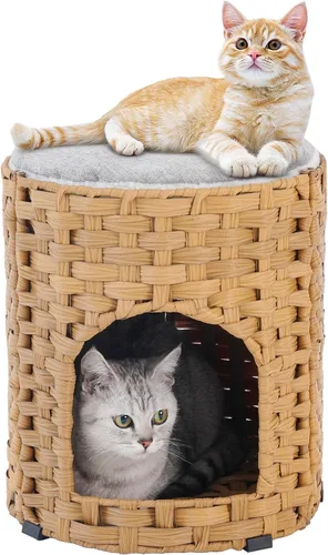 Miniatura 17 de SETVSON Camas para gatos para interiores, casa de gatitos, cubo de ratán tejido a mano, cueva para gatos, casas grandes para gatos, una alfombrilla