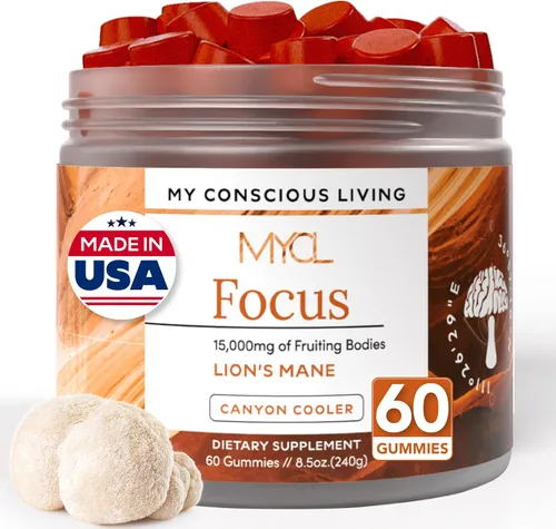 Lions Mane - Gomitas de hongos para concentración y memoria, 500 mg de extracto corporal frutal, apoyo cognitivo y suplementos de salud cerebral