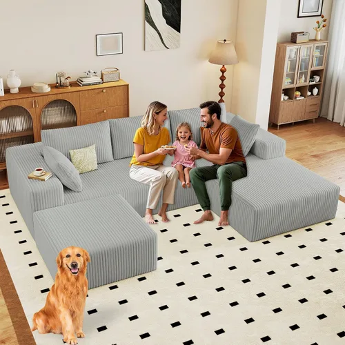 Miniatura 34 de Sofá modular de 95 pulgadas con otomana, moderno sofá nube de pana con asiento profundo, sofá sin hueso tapizado de 3 plazas en forma de U para sala
