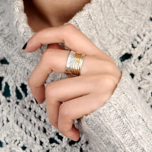 Miniatura 4 de Boho-Magic Anillo giratorio de plata de ley 925 para mujer con 4 anillos de latón para ansiedad, banda ancha gruesa, Metal