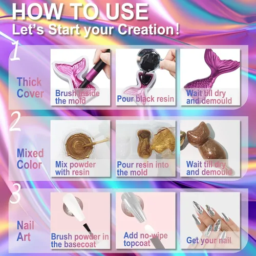 Miniatura 6 de Matio Polvo cromado, 10 colores metálicos efecto espejo cromado polvo de mica para uñas, pigmento holográfico, polvo de pigmento metálico