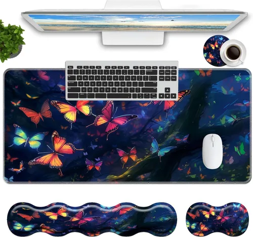 Juego de alfombrillas de mouse para teclado, alfombrilla grande para mouse + reposamuñecas para teclado, soporte de muñeca + posavasos, alfombrilla