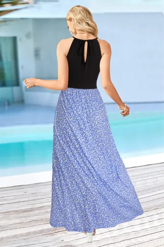 Miniatura 5 de KILIG - Vestido largo con corte y bolsillos, hawaiano, para la playa, para primavera, con cuello halter, floral, informal, largo hasta el tobillo