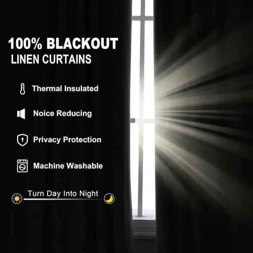 Miniatura 3 de Cream Linen Blackout Curtains 90 Length 2 Panels Set for Living Room Bedroom, 100% Black Out Thermal Insulated Linen Drapes, Room Darkening Grommet