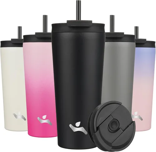 Miniatura 15 de Konokyo Vaso aislado de 18 onzas con tapa y 2 pajillas, botella de agua de acero inoxidable, taza de viaje al vacío, taza de café, color blanco ángel