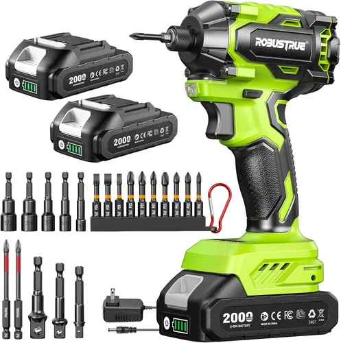 Robustrue Destornillador de impacto: Destornillador de impacto inalámbrico hexagonal de 21 V 1/4", 230 N.m (2,035 pulgadas-libras) Juego de taladro