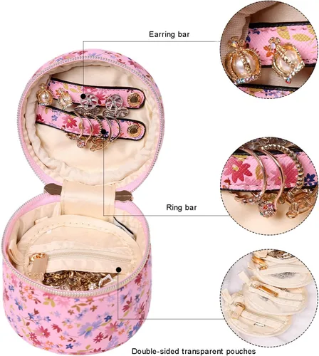 Miniatura 4 de Angelina's Palace Organizador redondo de joyas, bolsa de viaje, regalos de dama de honor, caja de cuero vegano para collar, aretes, pulsera, anillo