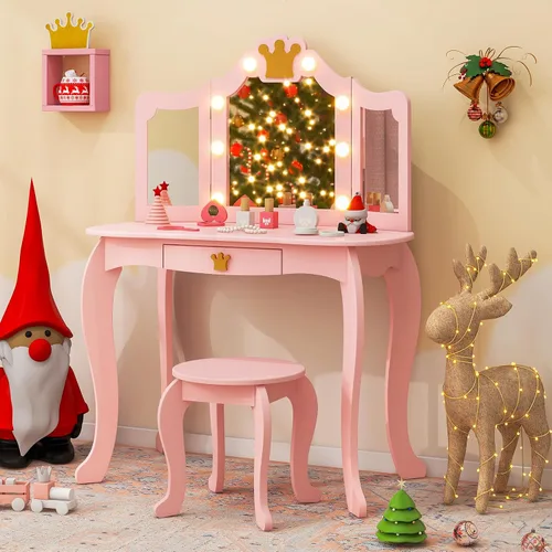 Miniatura 13 de Costzon Juego de Mesa y Silla de Tocador para Niños, Mesa de Maquillaje Princesa con Cajón y Espejo de Tres Pliegues, Juego de Tocador 2 en 1