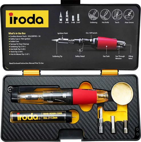IRODA SolderPro Kit de soldador de butano original 50K 4 en 1 inalámbrico 30-70 W grado profesional | 18s herramienta de calor multifunción con