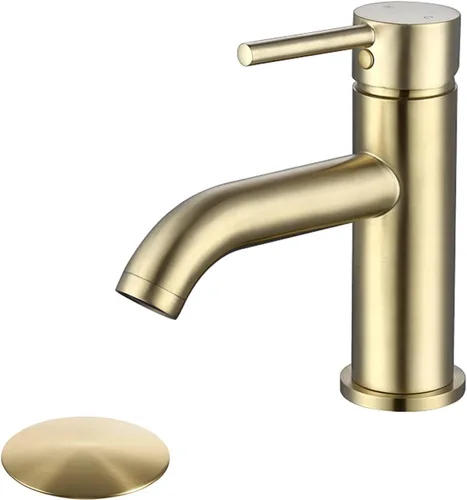 Grifo de baño negro de una sola manija con montaje de drenaje de metal y escudo, oro cepillado