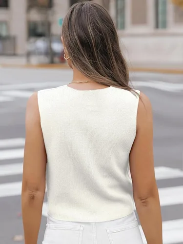 Miniatura 5 de LILLUSORY Camisetas casuales de negocios para mujer, estilo 2024, suéter sin mangas, cuello en V, con botones, recortada