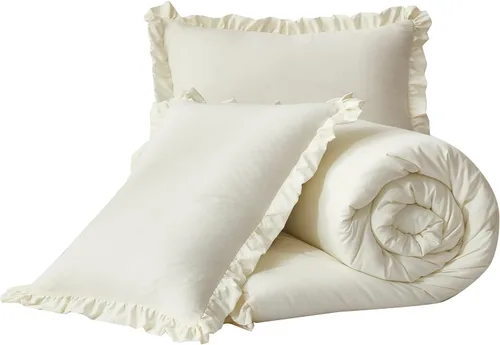Miniatura 9 de Chezmoi Collection Nora - Juego de edredón marfil de 3 piezas, ligero, esponjoso, suave, lavado a la piedra, con volantes, ropa de cama Shabby Chic