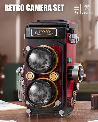Miniatura 2 de TYCOLE Juegos de bloques de construcción de cámara retro con luces, juguetes de construcción de cámara DIY con diseño reflejo de doble lente