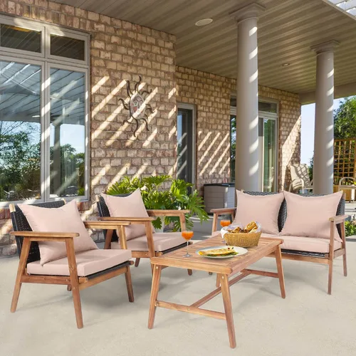 Miniatura 6 de RELAX4LIFE Juego de muebles de patio al aire libre, juego de sofá de mimbre de 8 piezas con mesa auxiliar, asiento, cojines de respaldo, marco