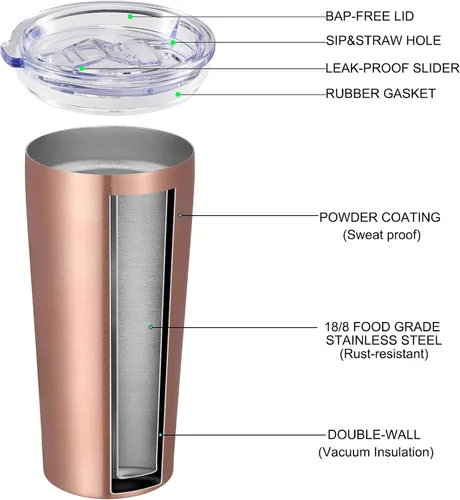 Miniatura 2 de VEGOND Vaso de 20oz a granel con tapa y pajita, vaso aislado al vacío de acero inoxidable de doble pared para café, viaje, paquete de 1 unidad, oro