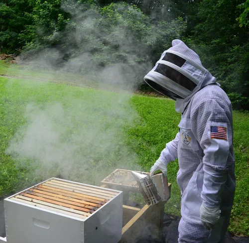 Miniatura 5 de Traje de abeja de 3 capas con velo de esgrima un par de guantes a prueba de picaduras traje de apicultura ventilado Blanco
