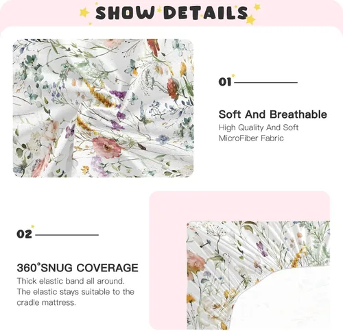 Miniatura 6 de CaTaKu Sábanas de cuna para niñas y niños – Sábanas de bebé bohemias con flores silvestres, sábanas de colchón neutro para cuna para cama